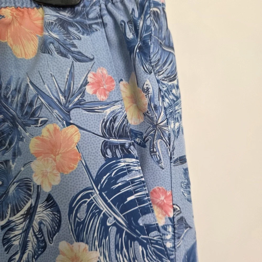 Peter Millar Mens Tropical/ Floral Print Blue Swim Trunks Elastic Waist Size LG
